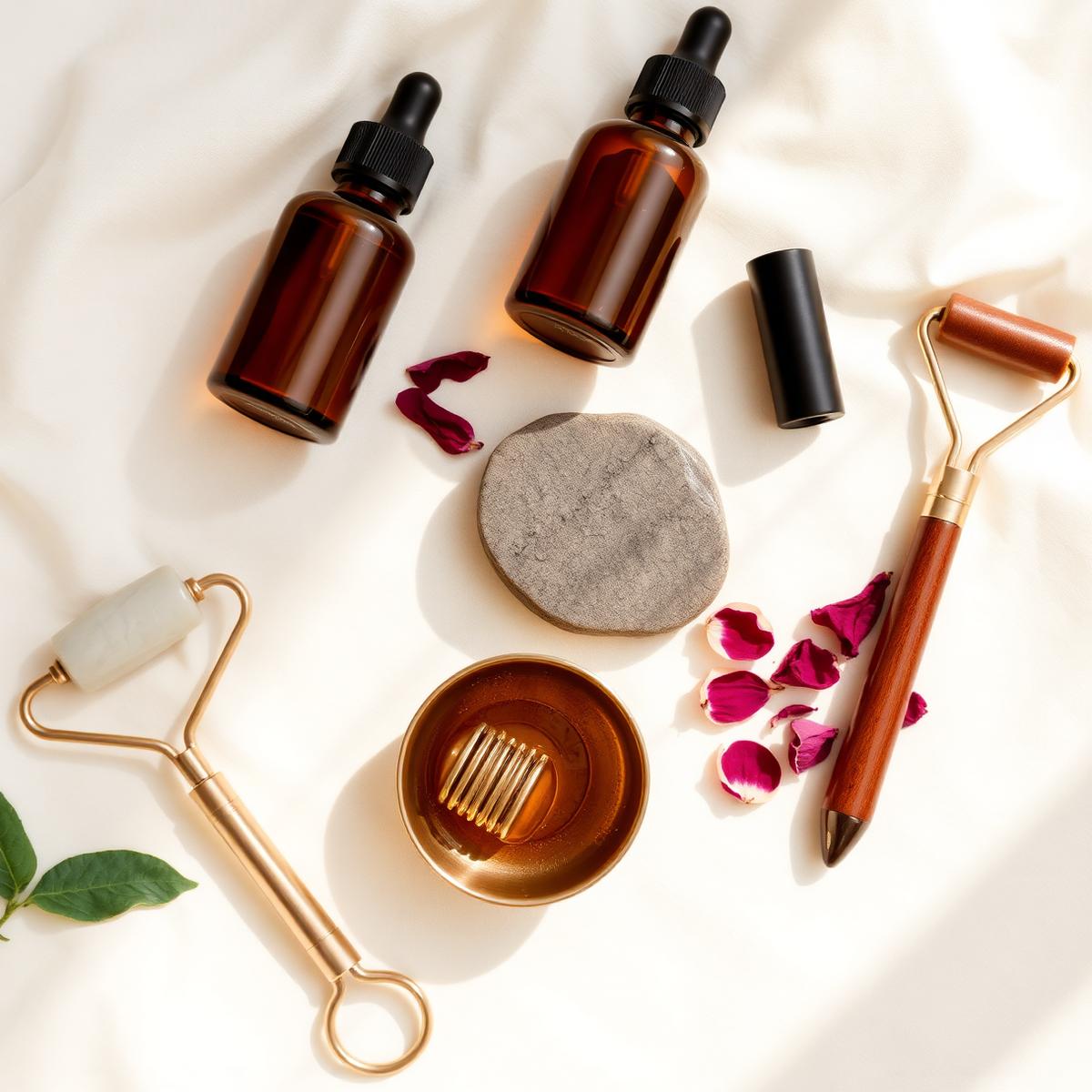 Amber serum bottles, a jade roller, and a gua sha stone arranged on linen