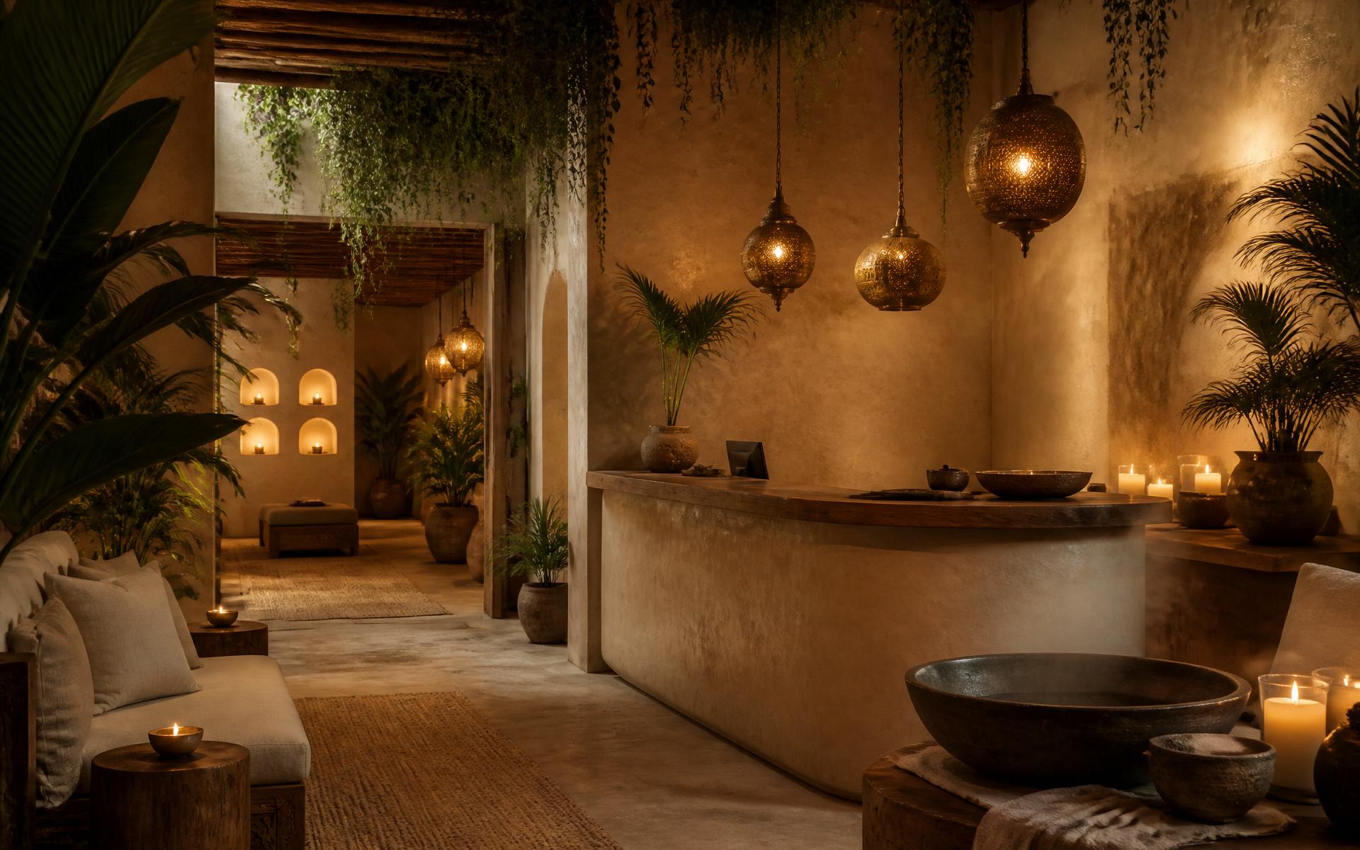 Low-lit spa reception with warm lamps and green plants