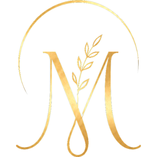 Maki Munay Spa emblem: gold M monogram with a botanical sprig inside an arch