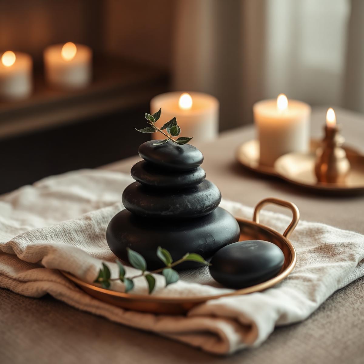 Warm basalt stones stacked on folded cream linen beside a lit candle