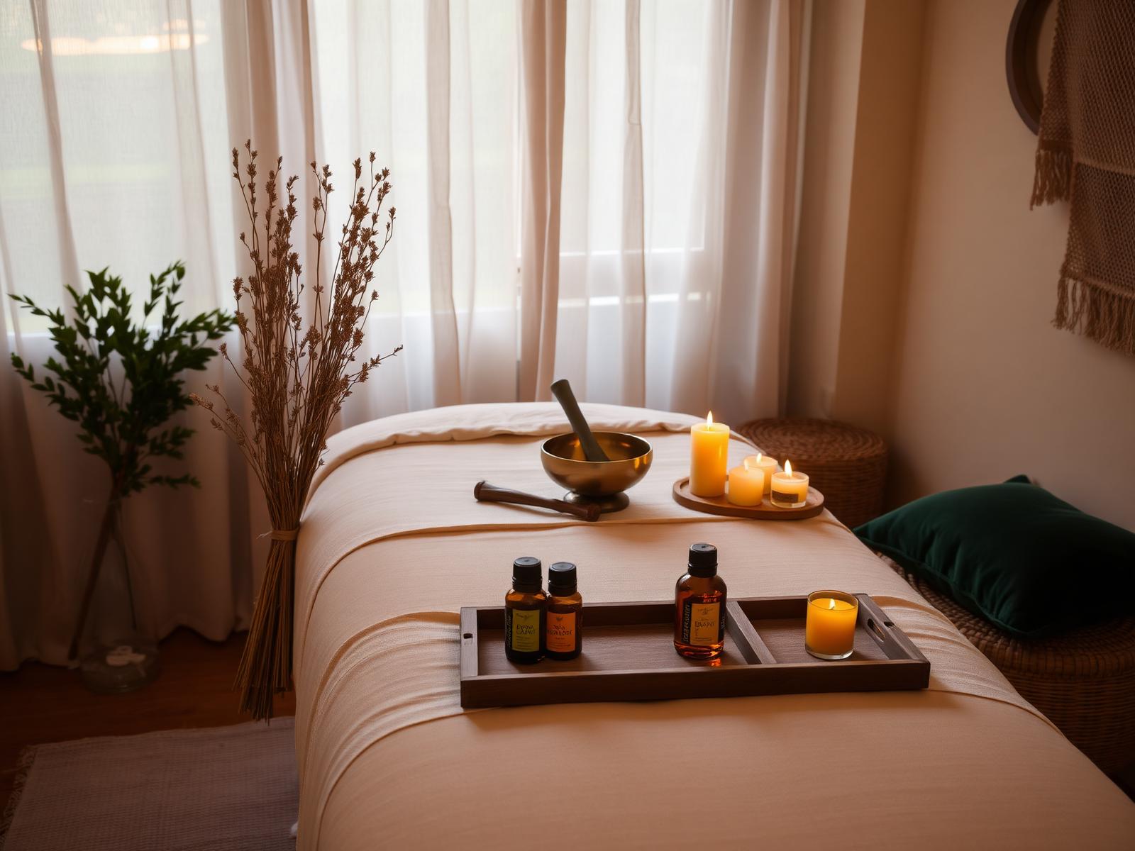 Massage table dressed in cream linen in a low-lit treatment room